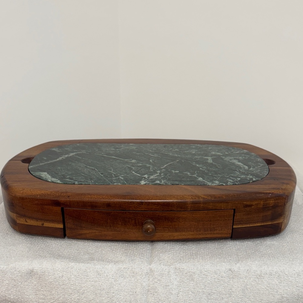 Elegant Hampton Forges Wooden Cheese Tray with Marble Inlay and Storage Drawer